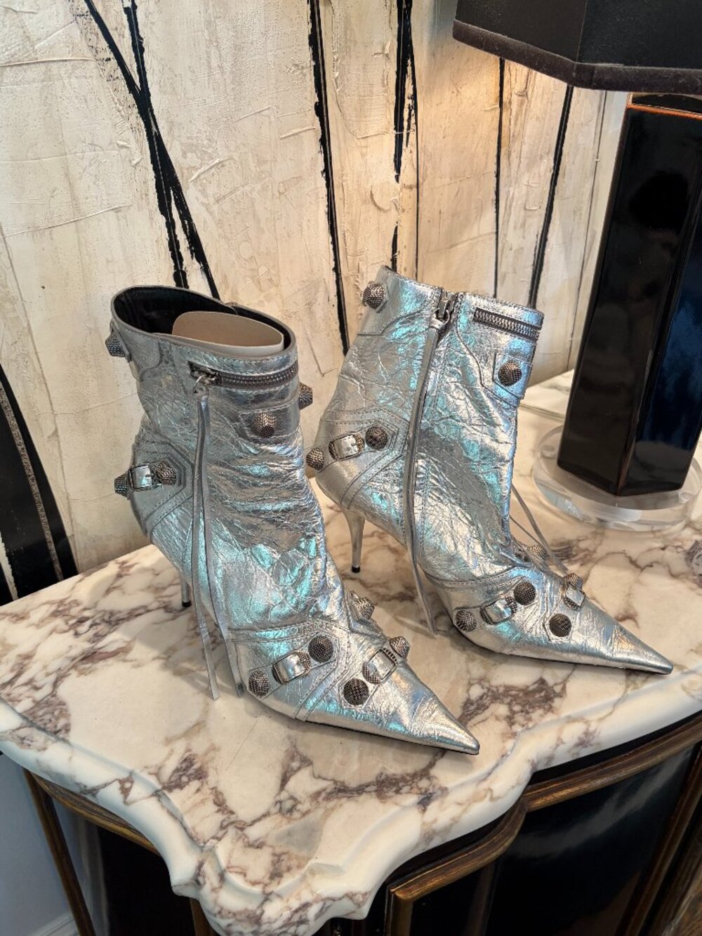 Balenciaga Le Cagole 90 Metallic Silver Leather Ankle Boots Never Worn! EU 41.5